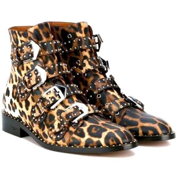 GIVENCHY Studded Leopard Print Buckle Leather Ankle Boot Size 36 - Picture 11 of 13